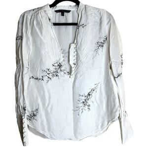 White House Black Market Blouse Top Women Size 0 White Floral SILK Blend Cuffed
